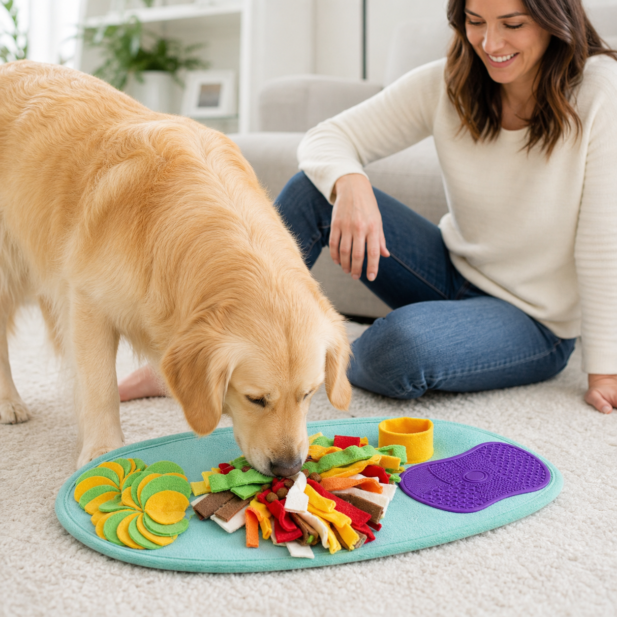 Dog exploring the colorful Snoot and Seek enrichment mat at home