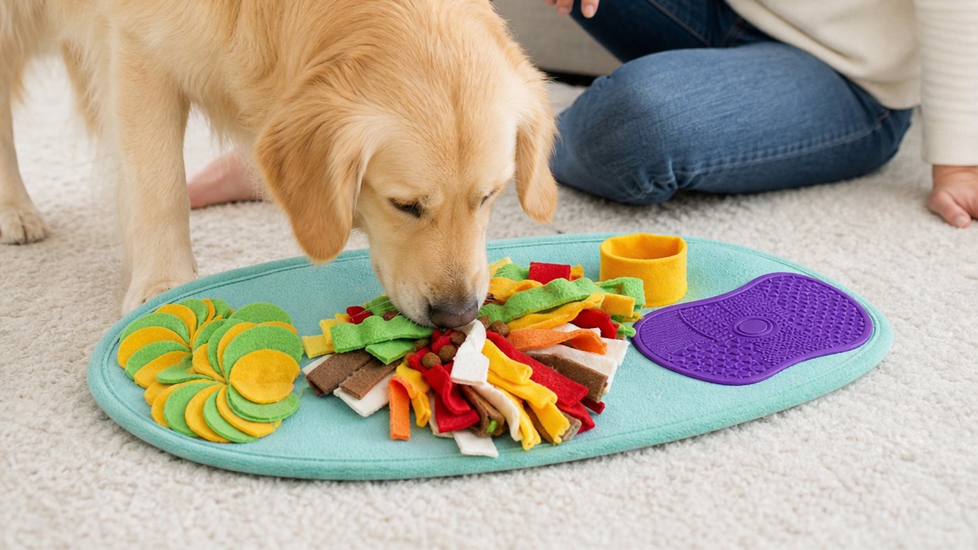 A golden retriever pushing its nose into the felt strips of the Snoot and Seek mat on a living-room carpet