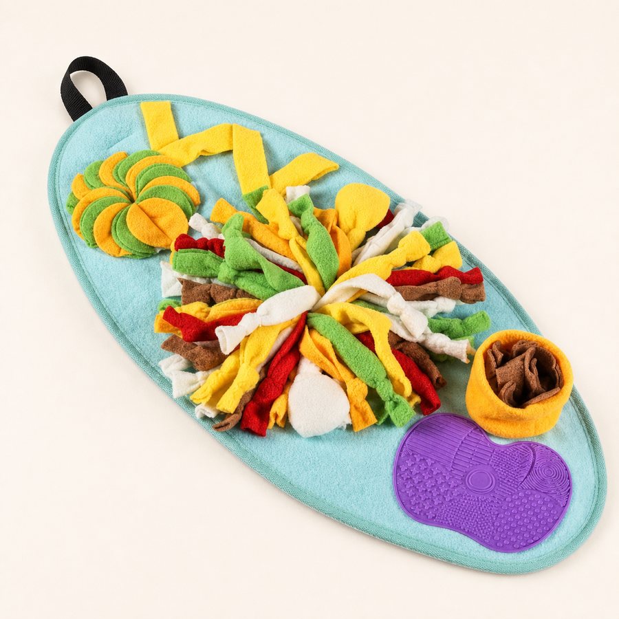 The Snoot and Seek mat laid flat, showing spiral pockets, knotted felt strips, a treat cup, a textured lick pad and a hanging loop